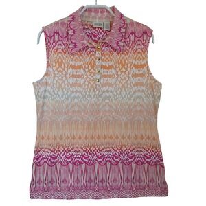 Zenergy Golf by Chicos Womens Sleeveless Polo Shirt Pink Orange Ikat Print Small